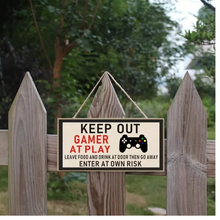 Load image into Gallery viewer, Gamer At Play Wood Sign hanging on a fence
